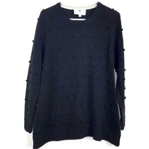 Lisa Perry Black 100% Merino Wool popover crew neck sweater with tiny pompoms